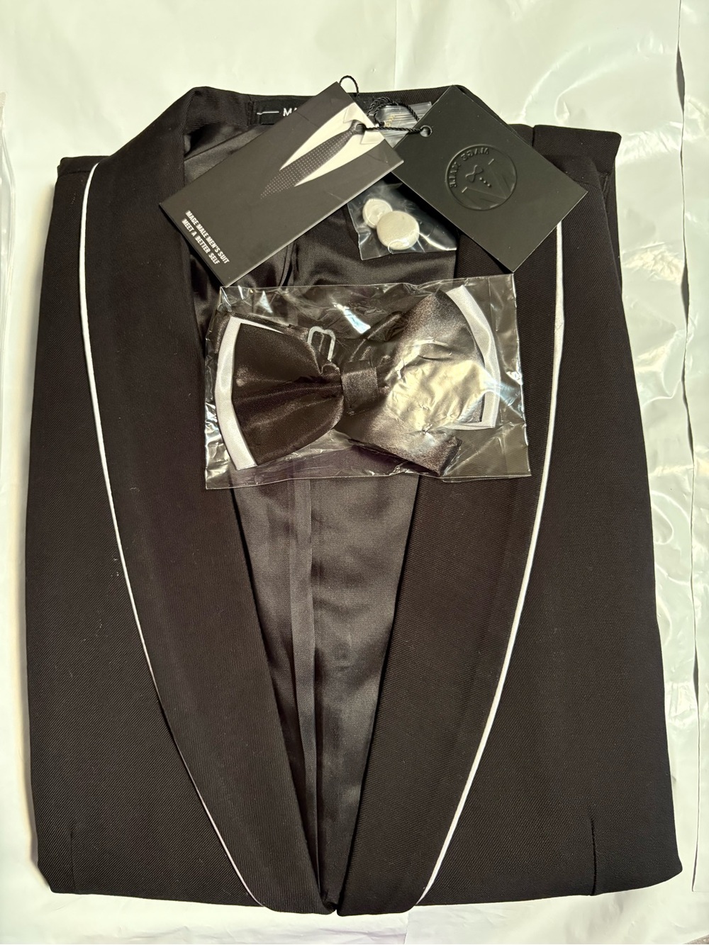 Men's Black Tuxedo Jacket with White Piping and Attached Bow Tie